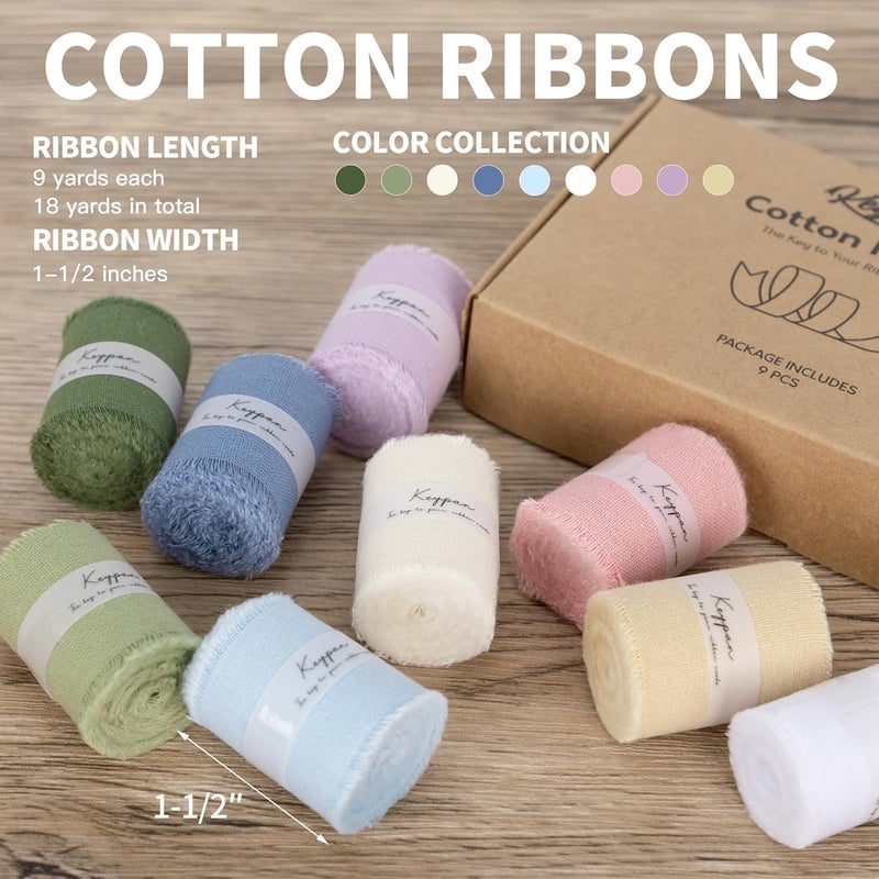 Keypan 1-1/2" x 18 Yd Cotton Ribbon for Gift Wrapping Wedding Invitations Bridal Flower Bouquets, Mixed Color Fabric Ribbons Set 2 Yards x 9 Rolls - Image 2